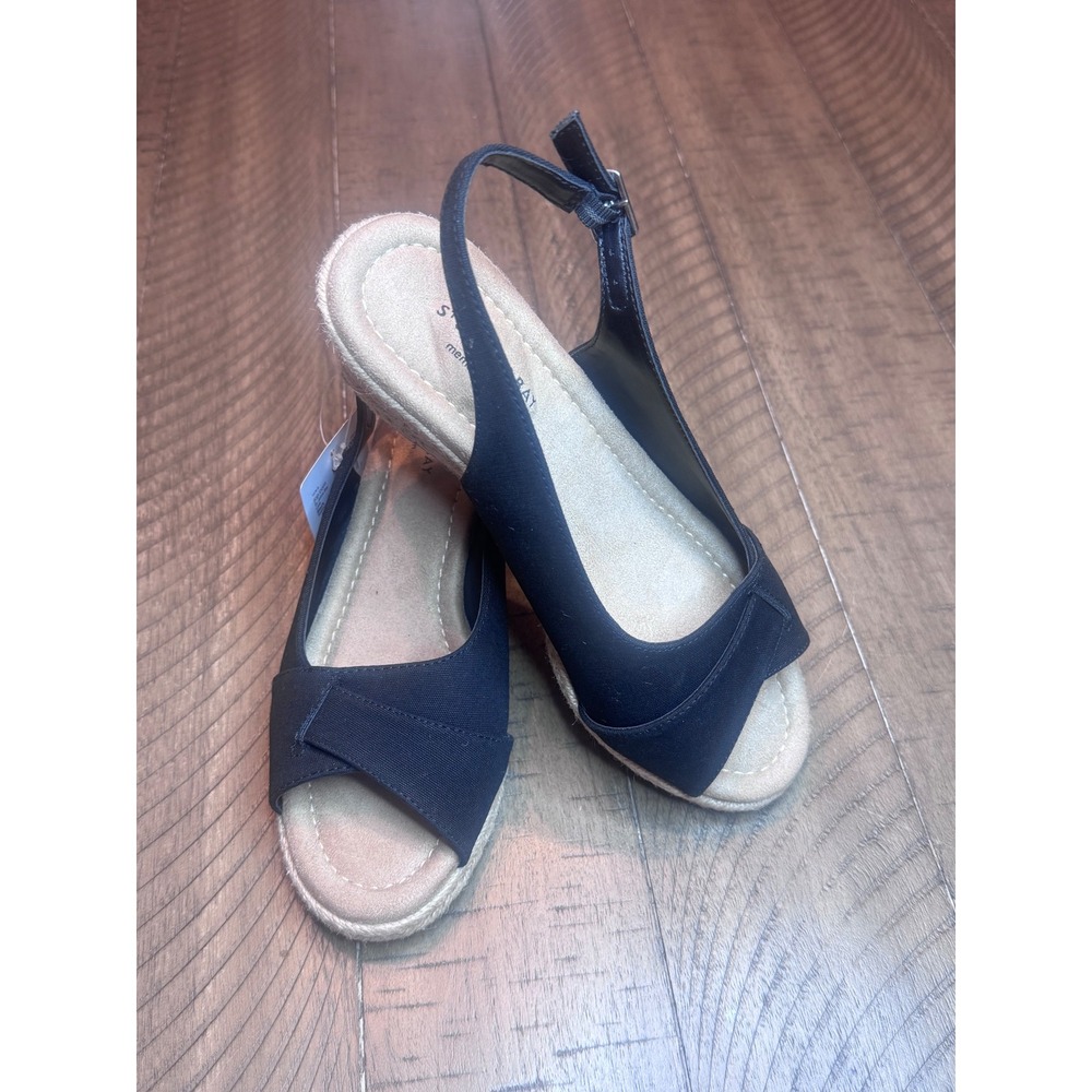 St Johns Bay Lone Black Espadrille Wedge Sandals Memory Foam 6.5M 106-2690